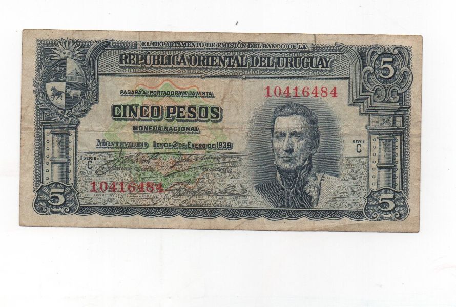 URUGUAY DEL AÑO 1939 DE 5 PESOS